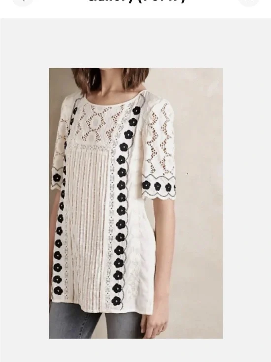 Floreat Anthropologie Tunic Blouse Top - Ivory/Black Floral Lace, Size 12 - Picture 2 of 11